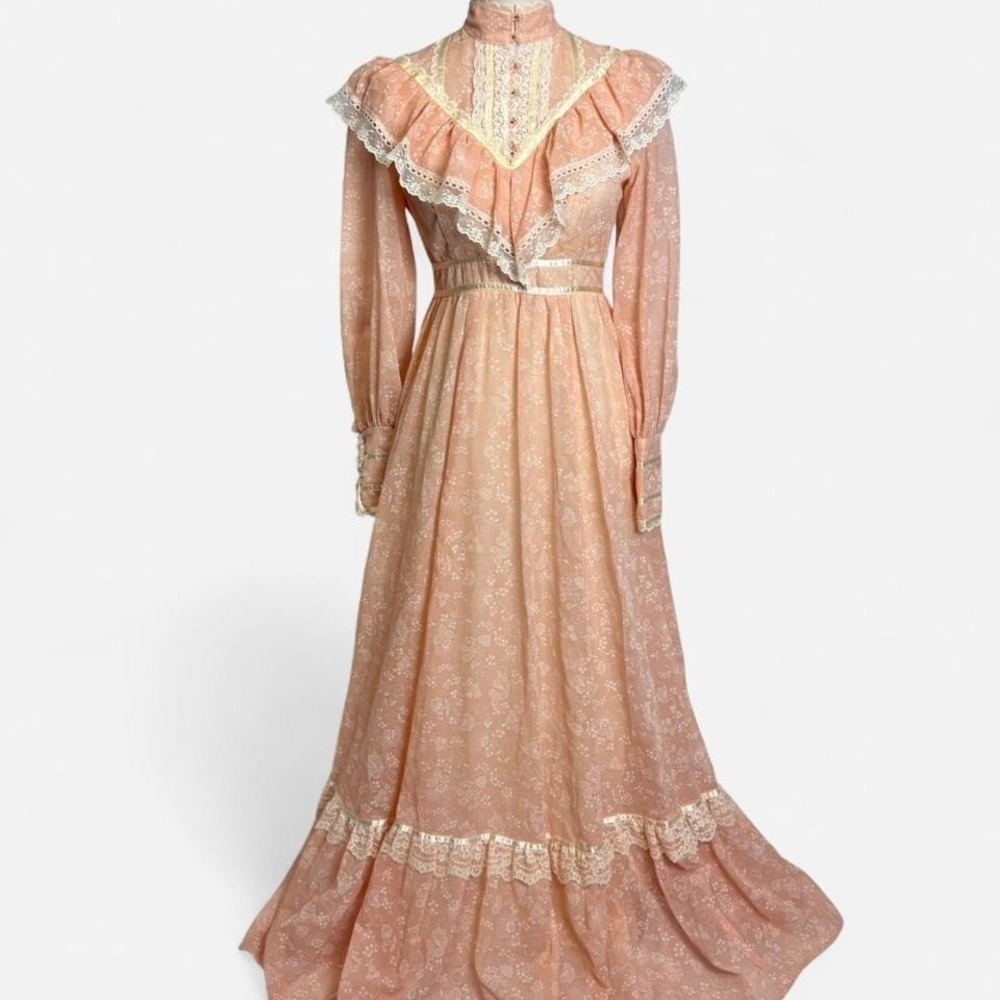 Vintage 70s Gunne Sax Pink Floral Prairie Dress Lace Ruffle Maxi Size 7 XS